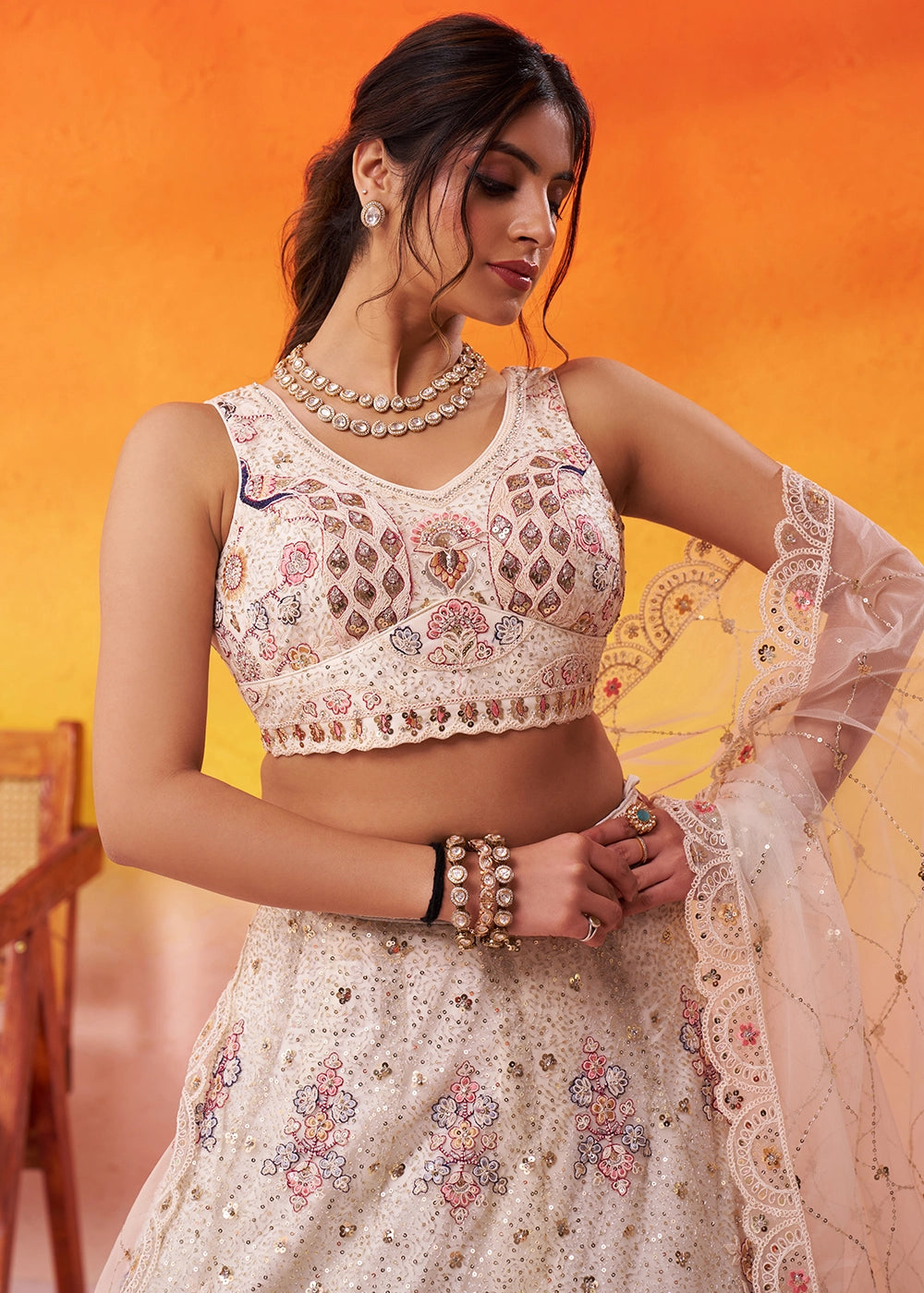Cream White Net Embellished Lehenga Choli with Sequins Embroidery
