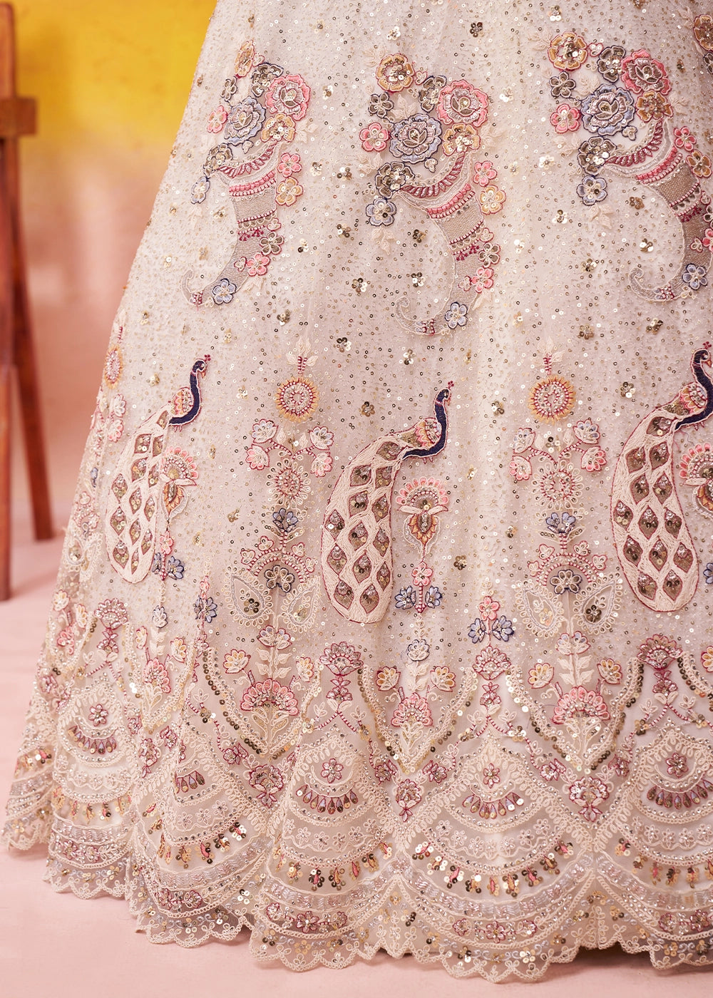 Cream White Net Embellished Lehenga Choli with Sequins Embroidery