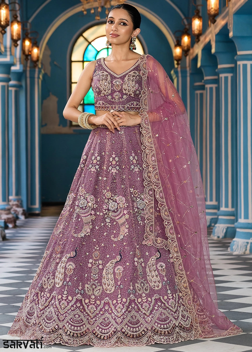 Eminence Purple Embroidered Net Lehenga Choli with Sequins Work