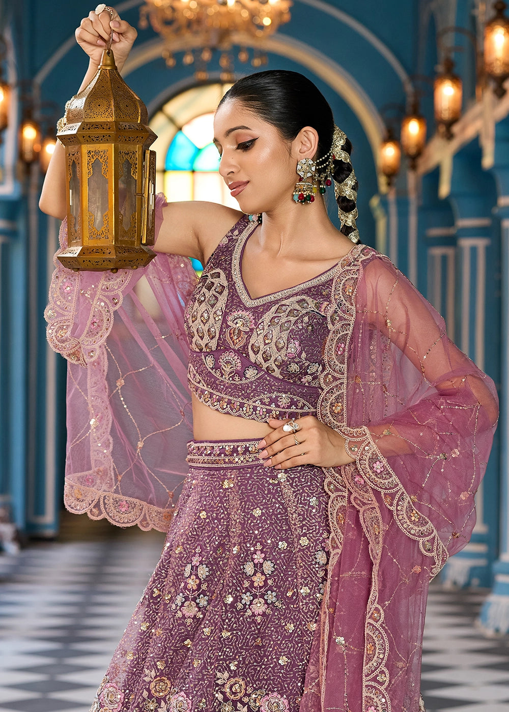 Eminence Purple Embroidered Net Lehenga Choli with Sequins Work