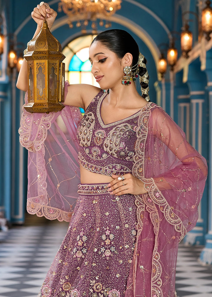 Eminence Purple Embroidered Net Lehenga Choli with Sequins Work