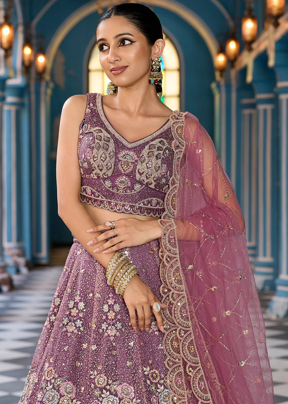 Eminence Purple Embroidered Net Lehenga Choli with Sequins Work
