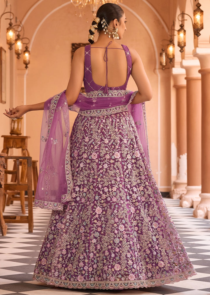 Tacao Purple Embroidered Net Lehenga Choli with Sequins Work
