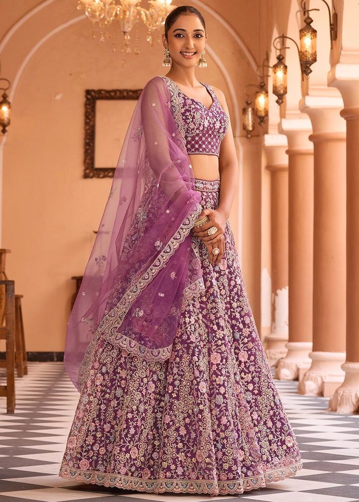 Tacao Purple Embroidered Net Lehenga Choli with Sequins Work