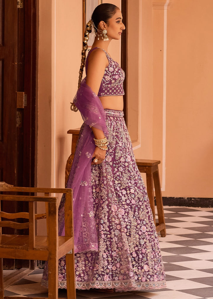 Tacao Purple Embroidered Net Lehenga Choli with Sequins Work