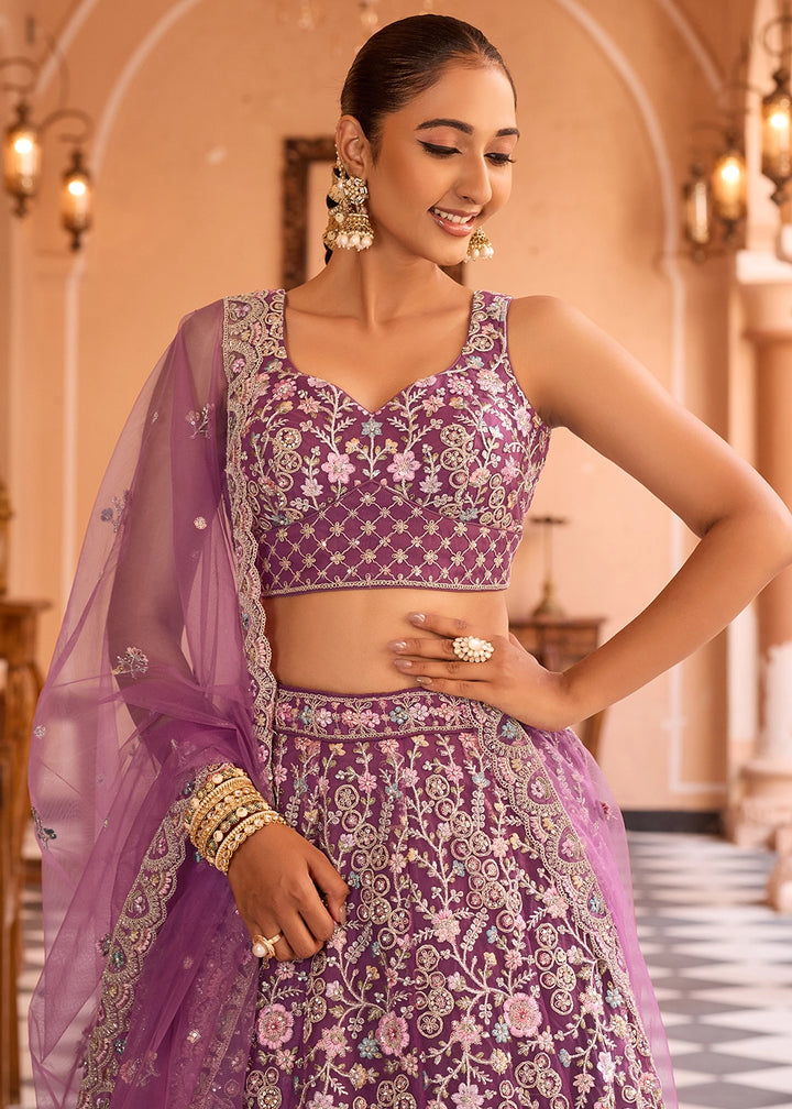 Tacao Purple Embroidered Net Lehenga Choli with Sequins Work