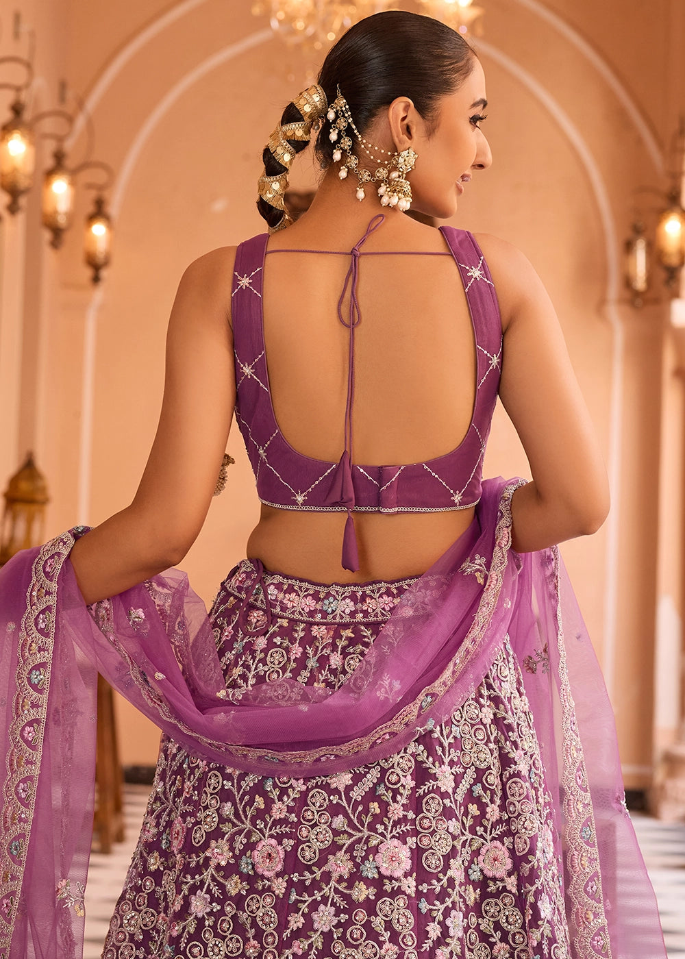 Tacao Purple Embroidered Net Lehenga Choli with Sequins Work