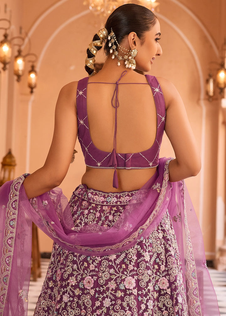 Tacao Purple Embroidered Net Lehenga Choli with Sequins Work