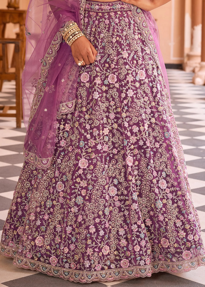 Tacao Purple Embroidered Net Lehenga Choli with Sequins Work