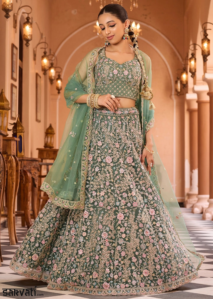 Chateau Green Embroidered Net Lehenga Choli with Sequins Work