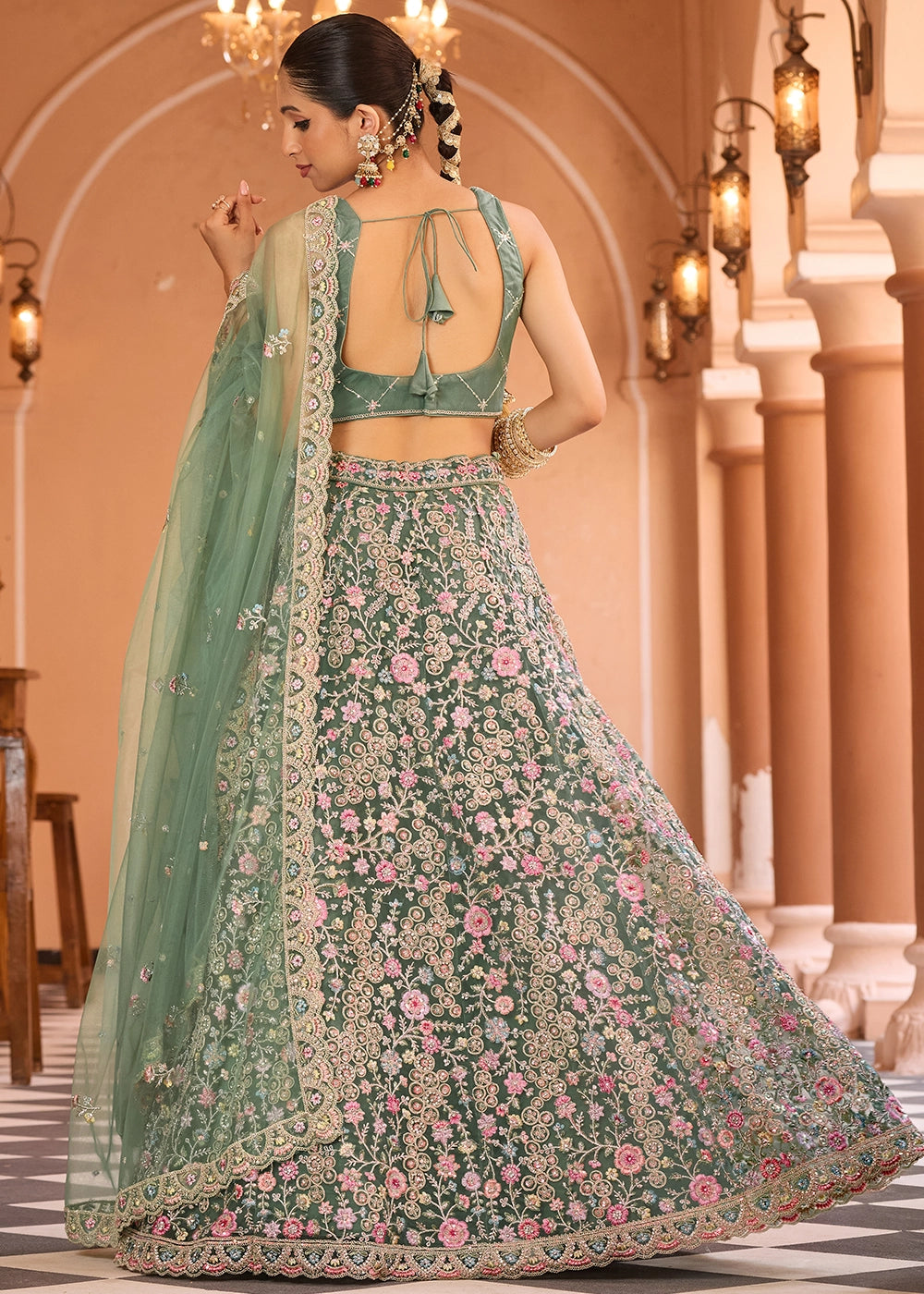 Chateau Green Embroidered Net Lehenga Choli with Sequins Work
