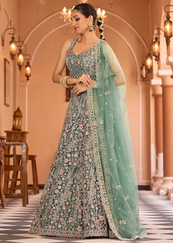 Chateau Green Embroidered Net Lehenga Choli with Sequins Work