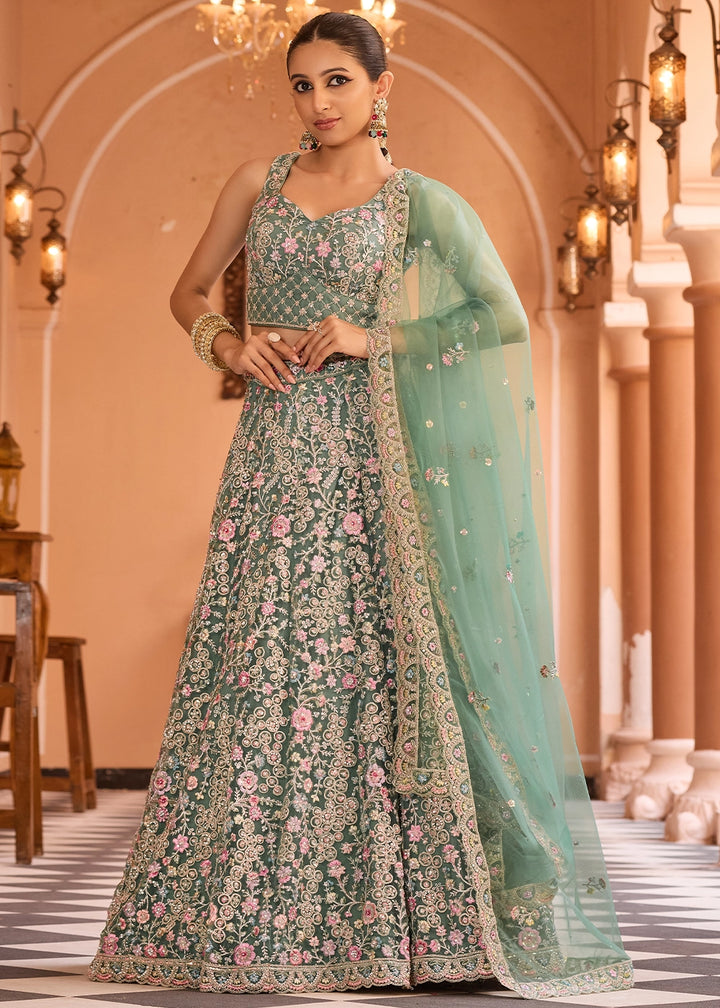 Chateau Green Embroidered Net Lehenga Choli with Sequins Work