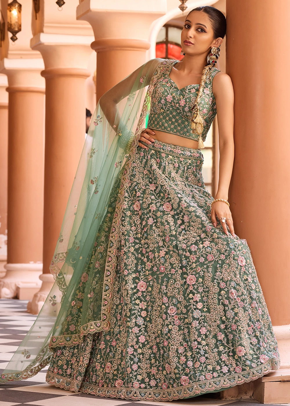 Chateau Green Embroidered Net Lehenga Choli with Sequins Work