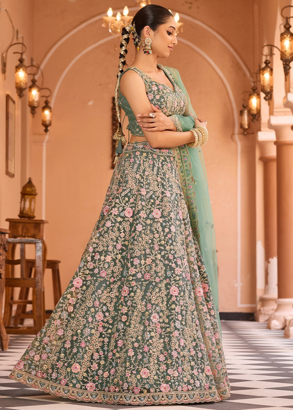 Chateau Green Embroidered Net Lehenga Choli with Sequins Work