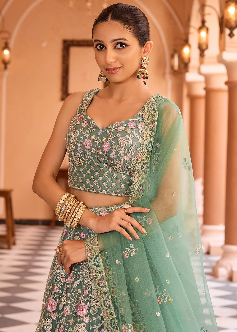 Chateau Green Embroidered Net Lehenga Choli with Sequins Work