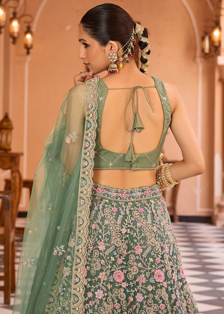 Chateau Green Embroidered Net Lehenga Choli with Sequins Work
