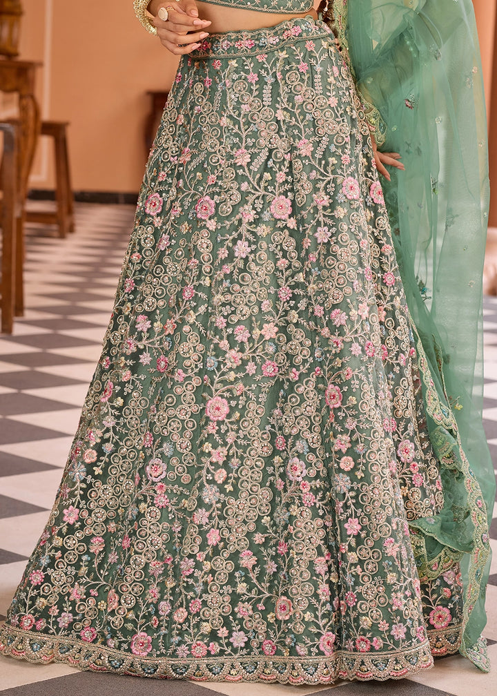 Chateau Green Embroidered Net Lehenga Choli with Sequins Work
