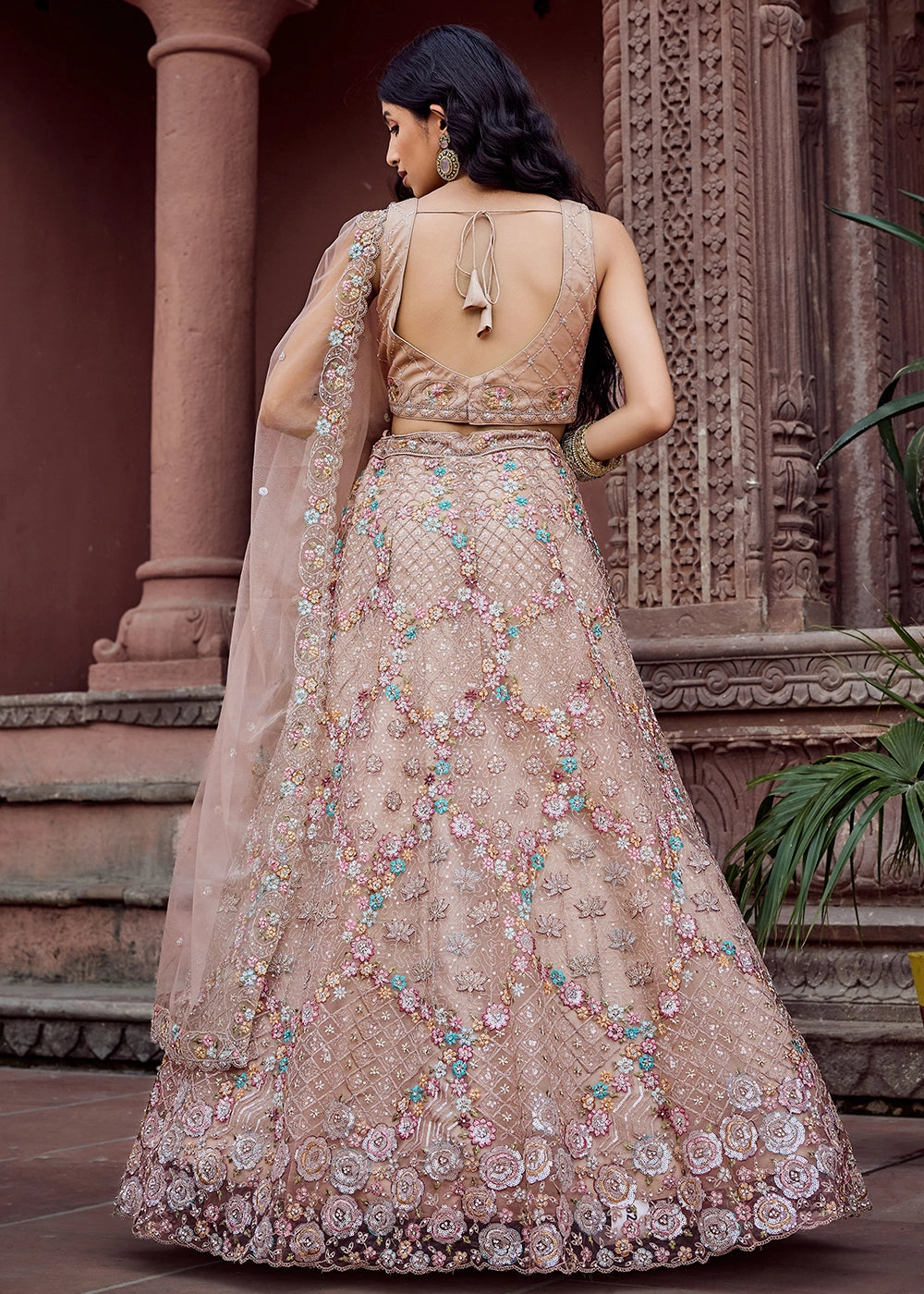 Beige Brown Embroidered Net Lehenga Choli with Sequins Work