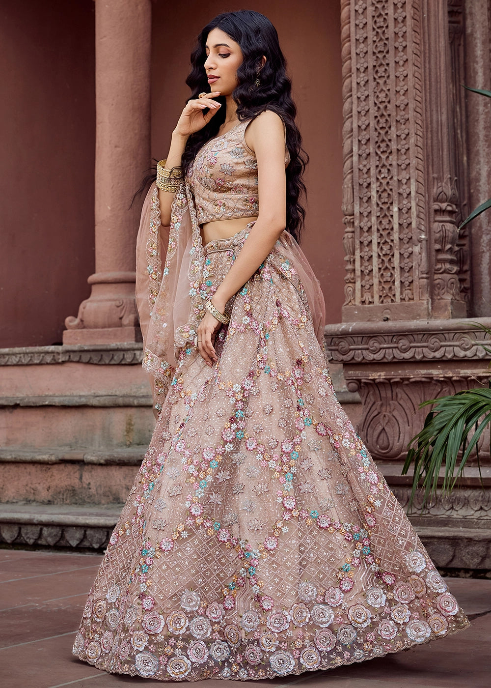 Beige Brown Embroidered Net Lehenga Choli with Sequins Work