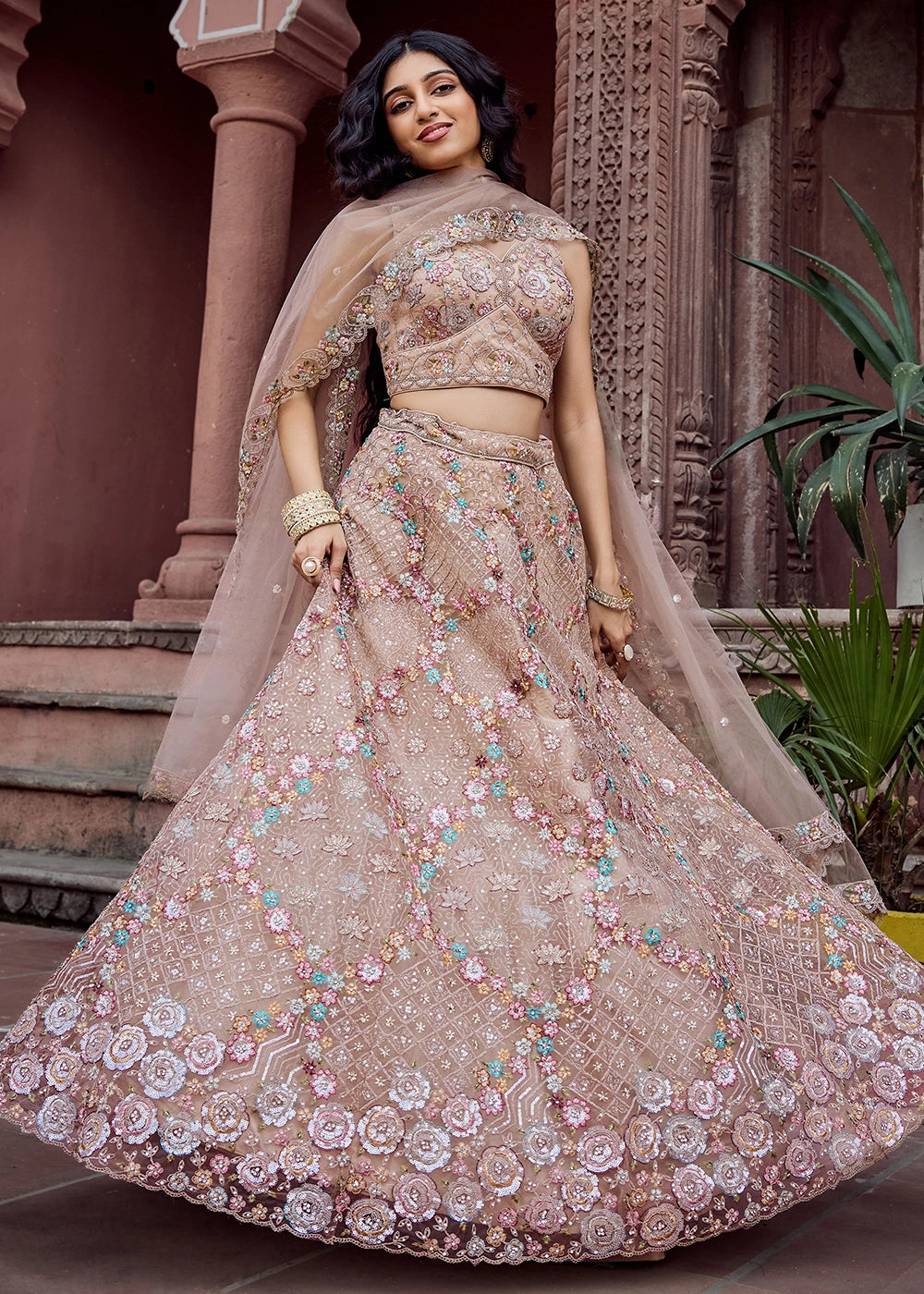 Beige Brown Embroidered Net Lehenga Choli with Sequins Work