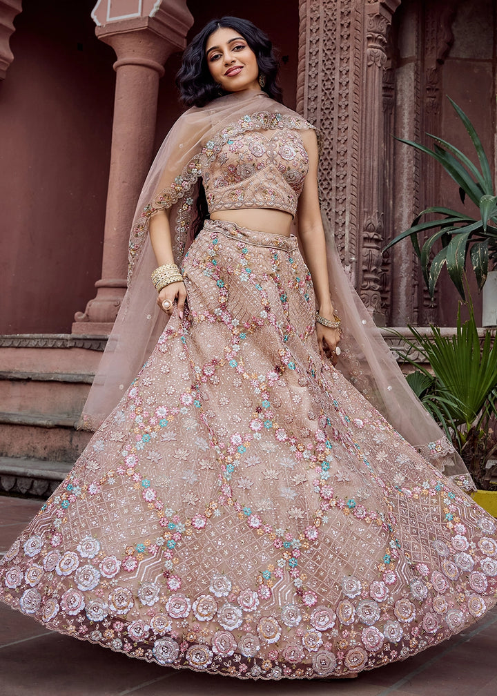 Beige Brown Embroidered Net Lehenga Choli with Sequins Work