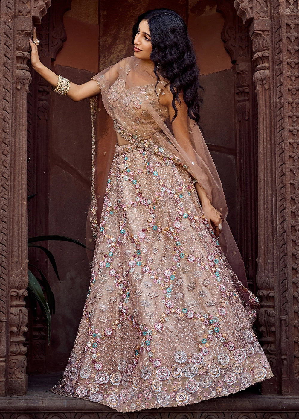 Beige Brown Embroidered Net Lehenga Choli with Sequins Work