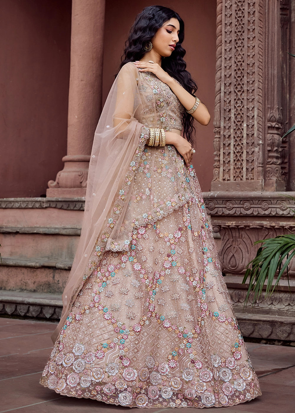 Beige Brown Embroidered Net Lehenga Choli with Sequins Work