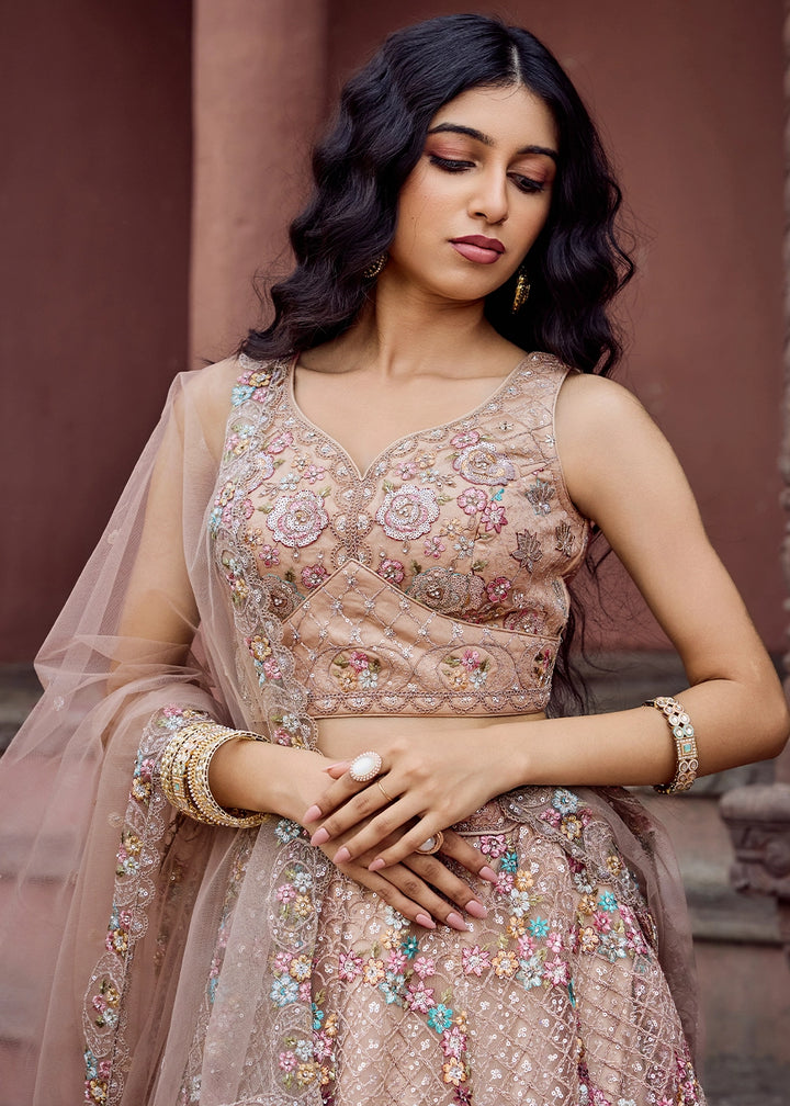 Beige Brown Embroidered Net Lehenga Choli with Sequins Work