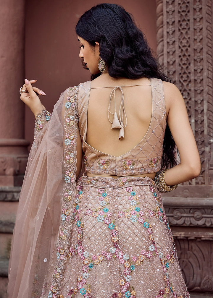 Beige Brown Embroidered Net Lehenga Choli with Sequins Work
