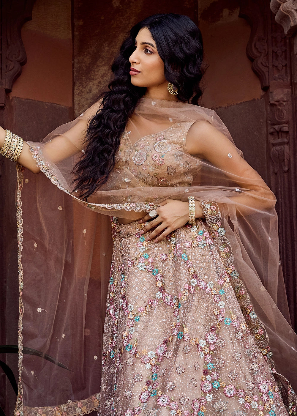Beige Brown Embroidered Net Lehenga Choli with Sequins Work