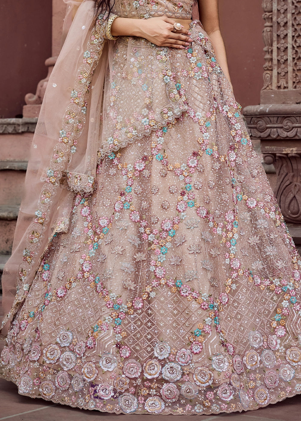 Beige Brown Embroidered Net Lehenga Choli with Sequins Work