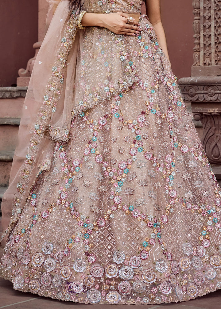 Beige Brown Embroidered Net Lehenga Choli with Sequins Work