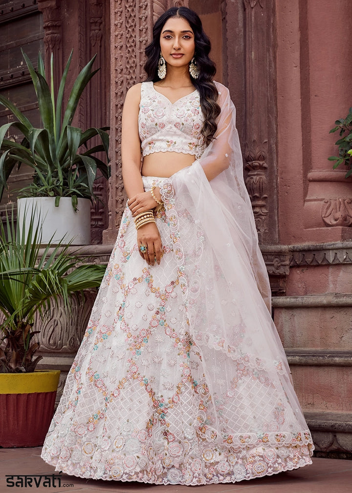 Daisy White Embroidered Net Lehenga Choli with Sequins Work