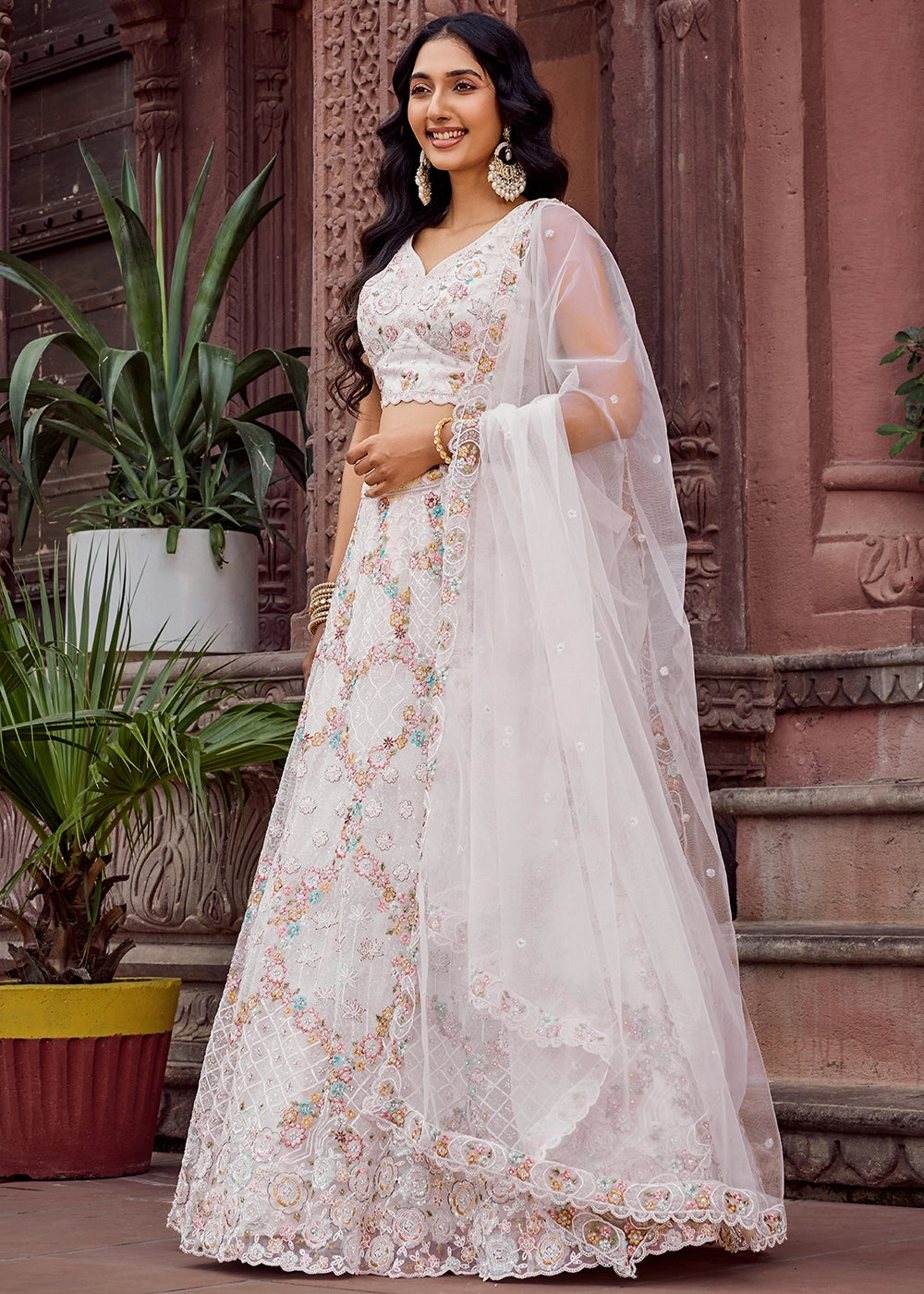 Daisy White Embroidered Net Lehenga Choli with Sequins Work