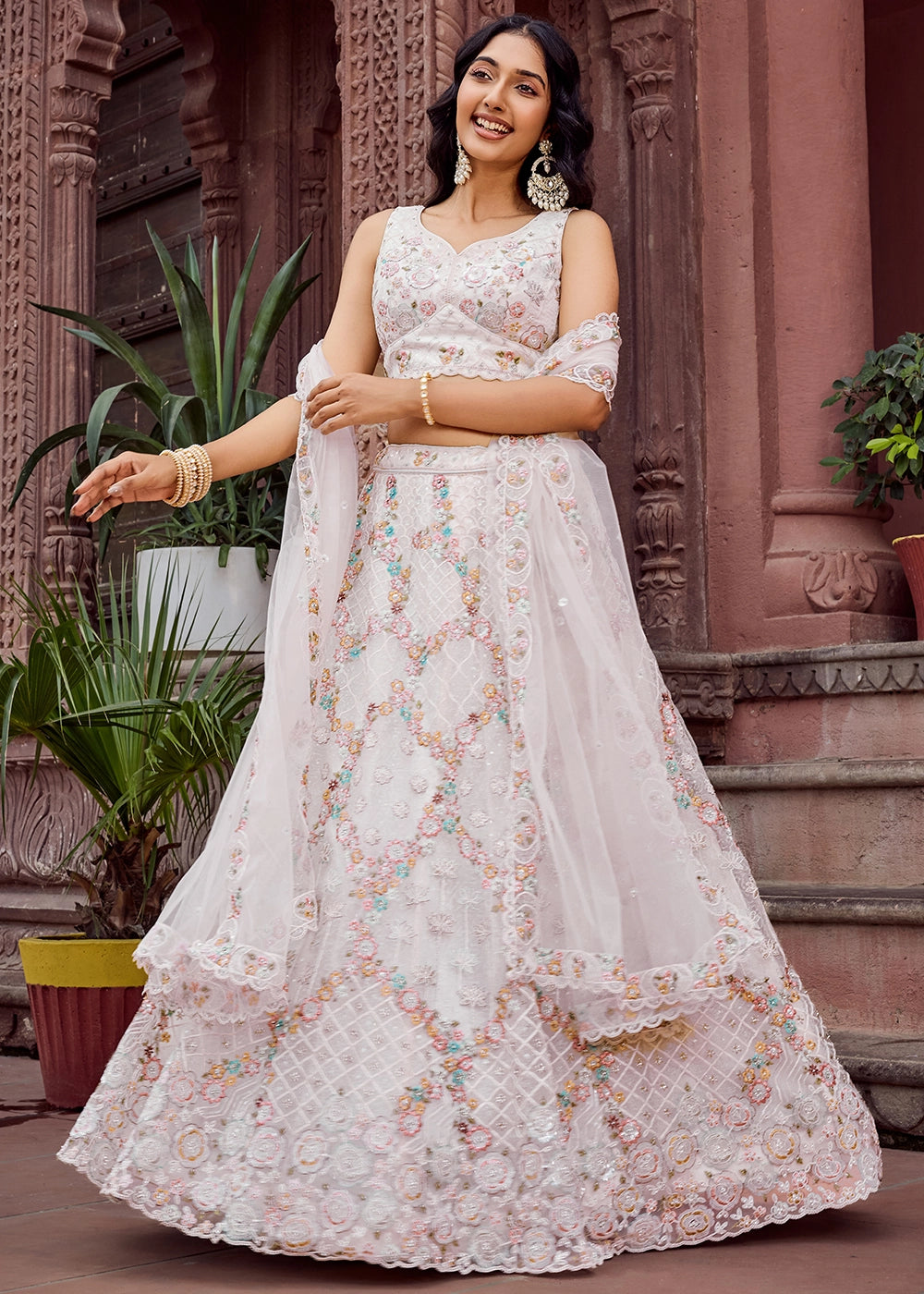 Daisy White Embroidered Net Lehenga Choli with Sequins Work