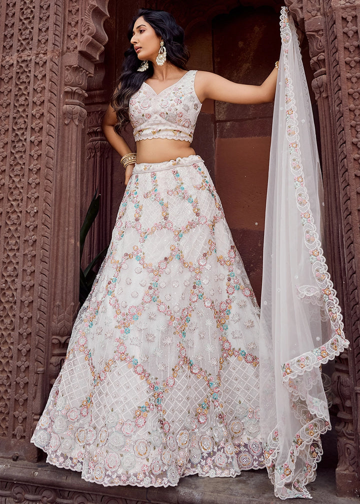 Daisy White Embroidered Net Lehenga Choli with Sequins Work