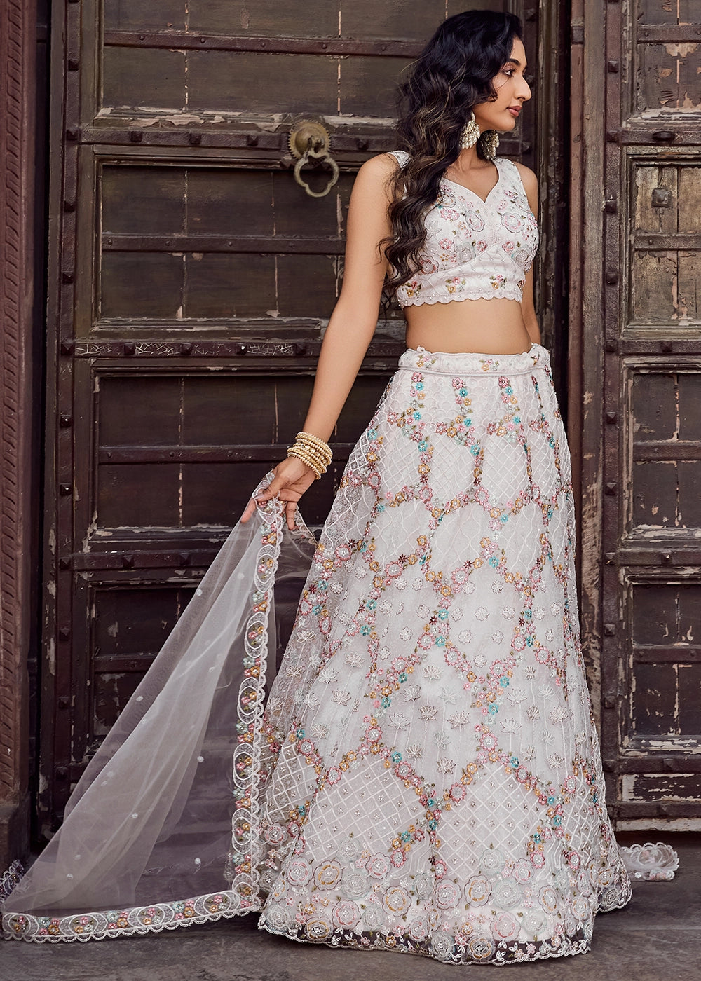 Daisy White Embroidered Net Lehenga Choli with Sequins Work