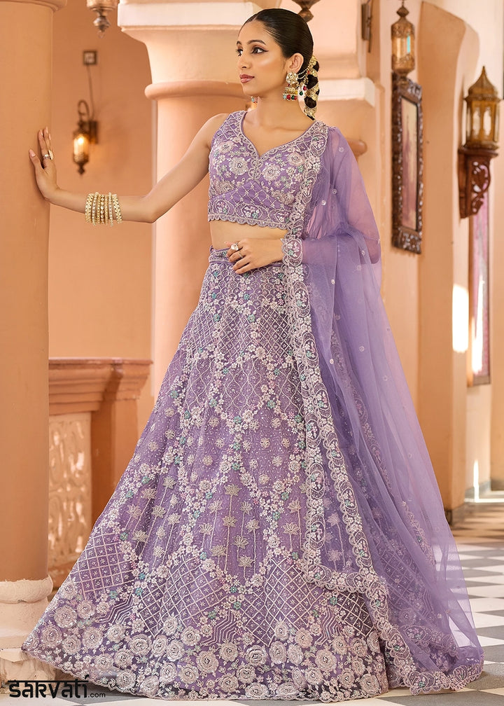 Medium Purple Embroidered Net Lehenga Choli with Sequins Work
