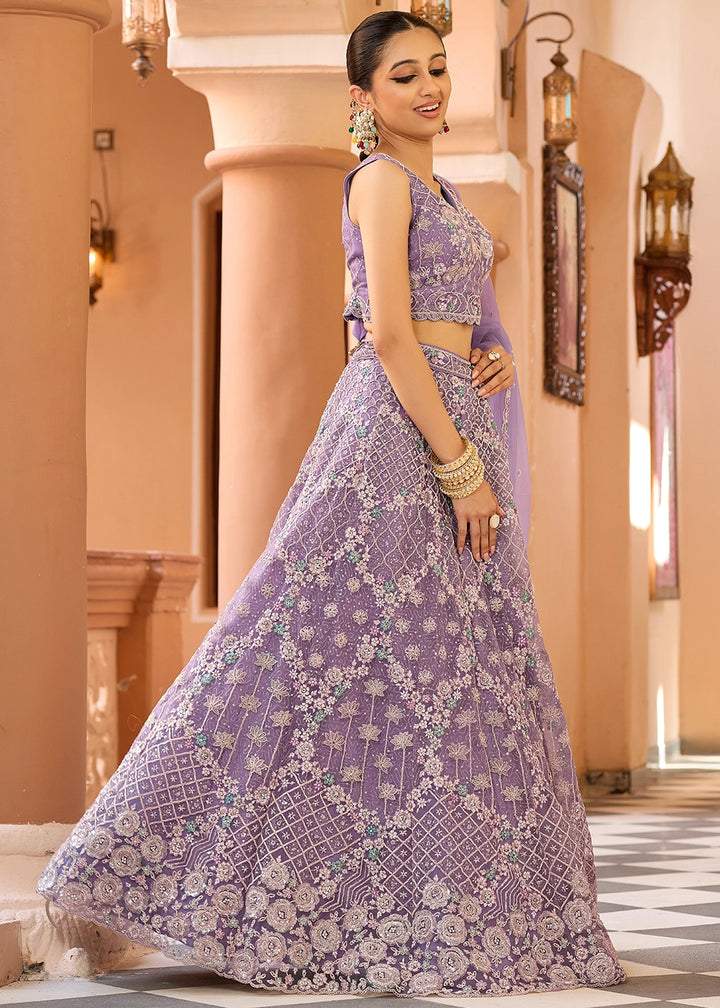 Medium Purple Embroidered Net Lehenga Choli with Sequins Work