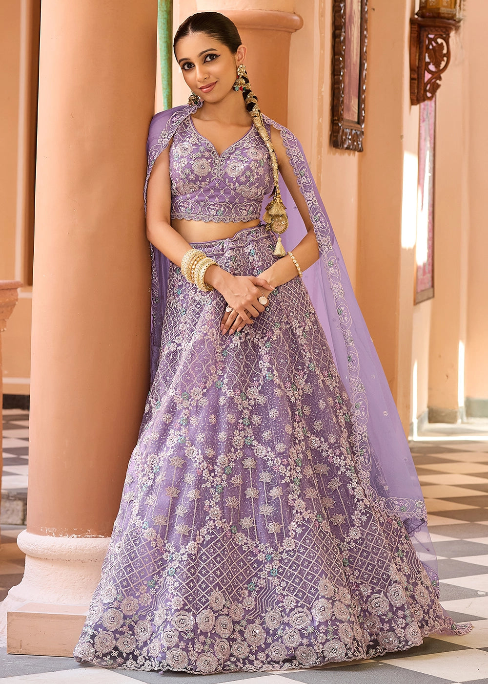 Medium Purple Embroidered Net Lehenga Choli with Sequins Work