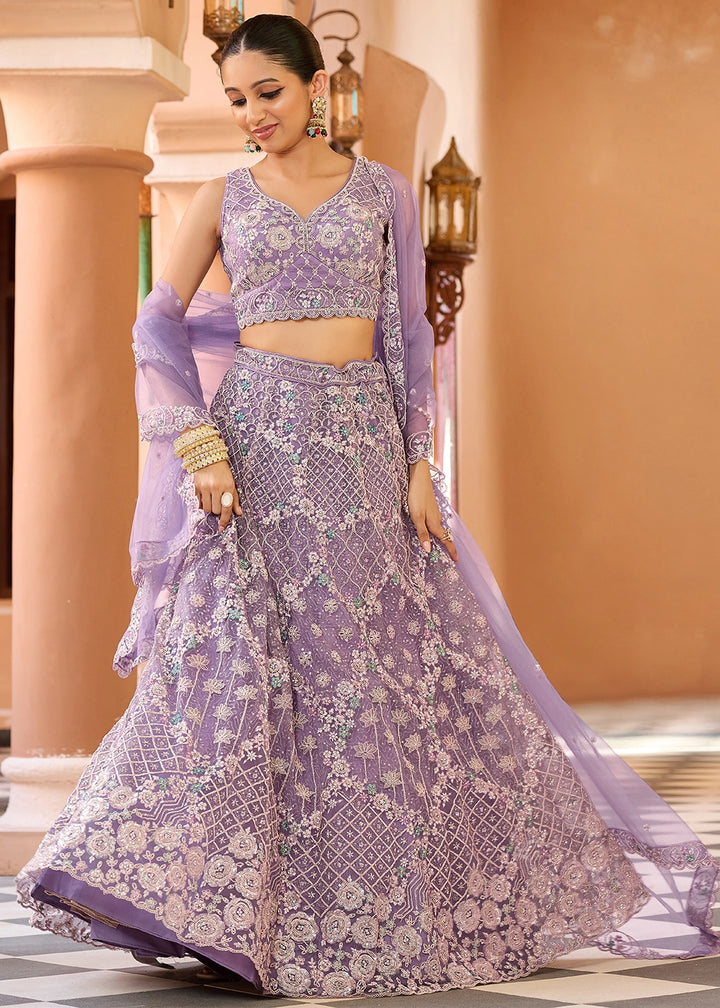 Medium Purple Embroidered Net Lehenga Choli with Sequins Work