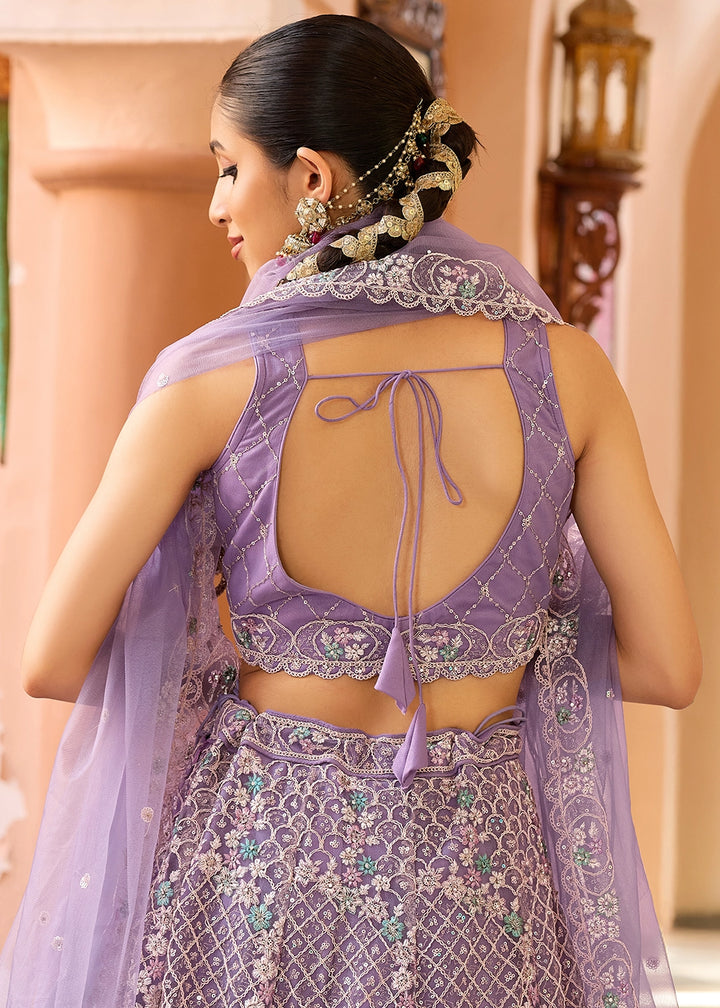 Medium Purple Embroidered Net Lehenga Choli with Sequins Work