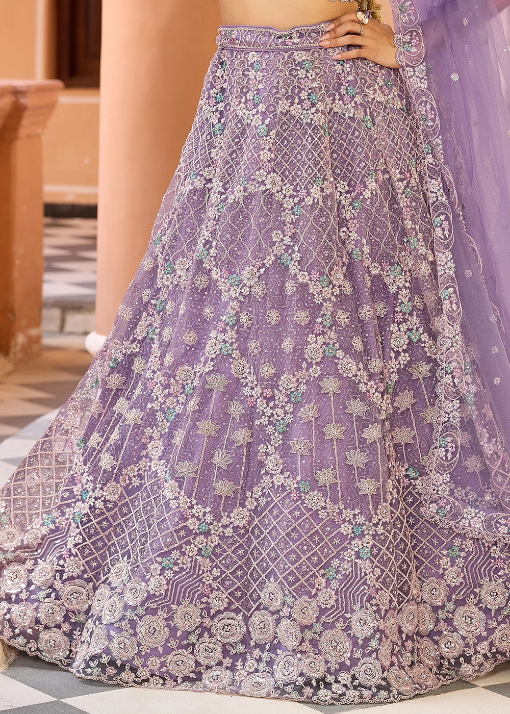 Medium Purple Embroidered Net Lehenga Choli with Sequins Work