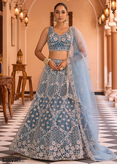 Teal Blue Embroidered Net Lehenga Choli with Sequins Work