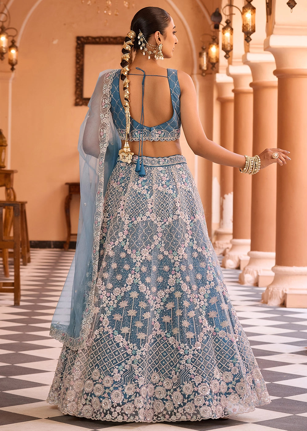 Teal Blue Embroidered Net Lehenga Choli with Sequins Work