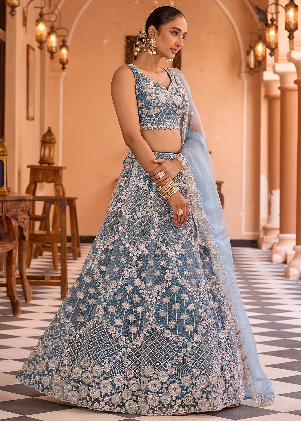 Teal Blue Embroidered Net Lehenga Choli with Sequins Work