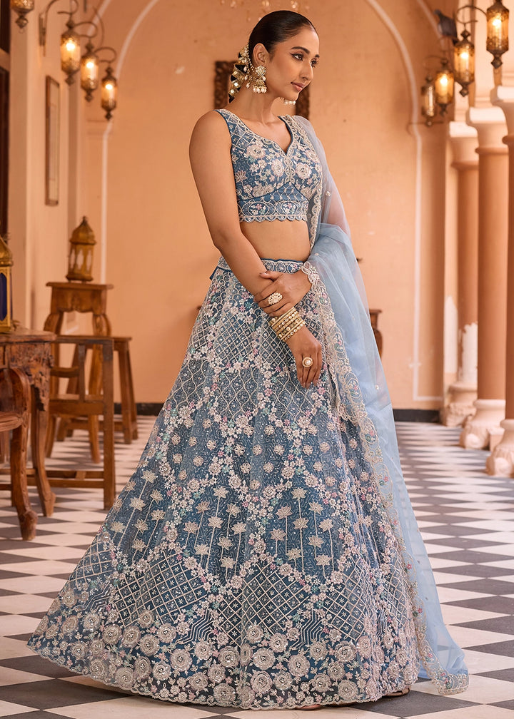 Teal Blue Embroidered Net Lehenga Choli with Sequins Work