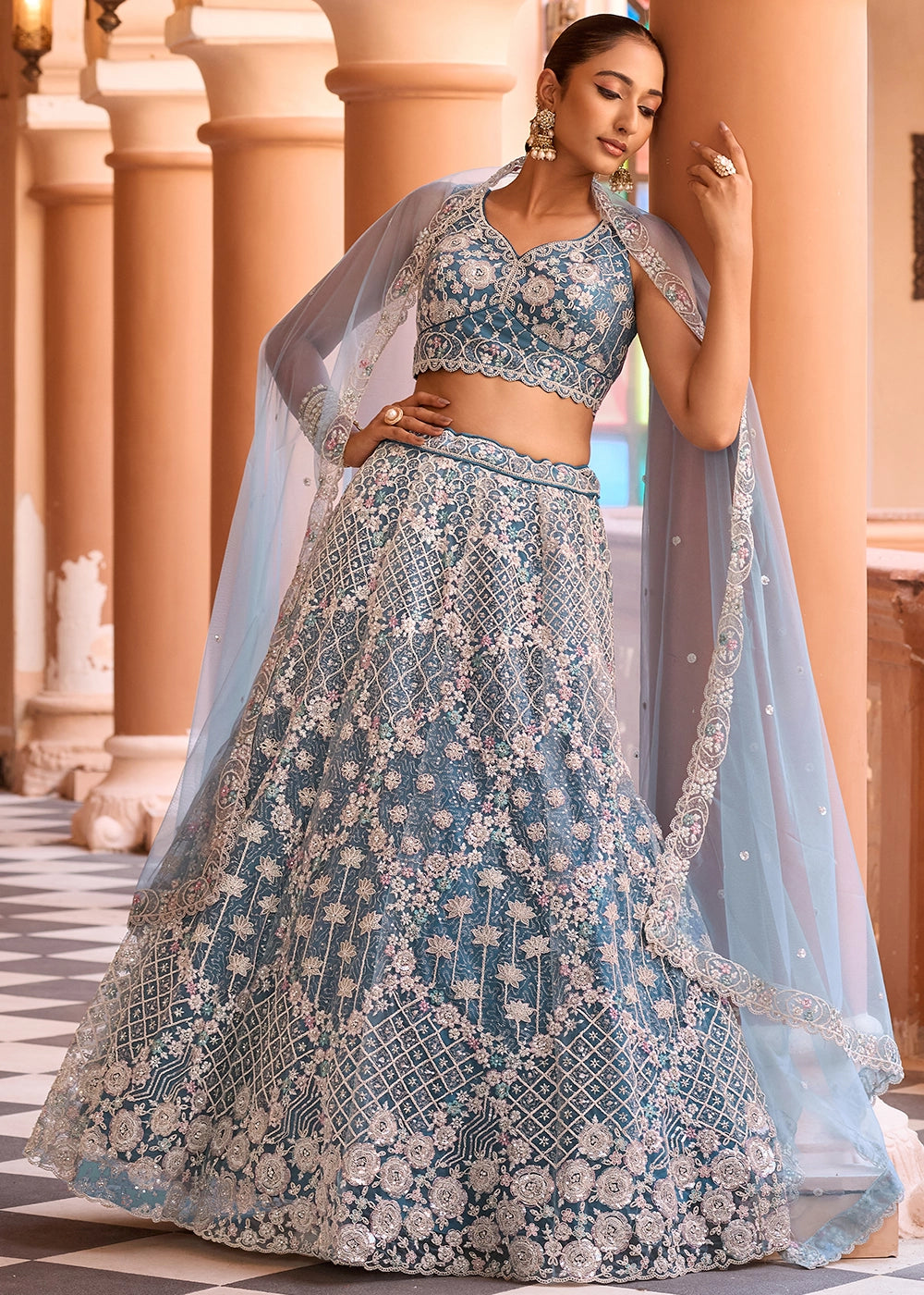 Teal Blue Embroidered Net Lehenga Choli with Sequins Work