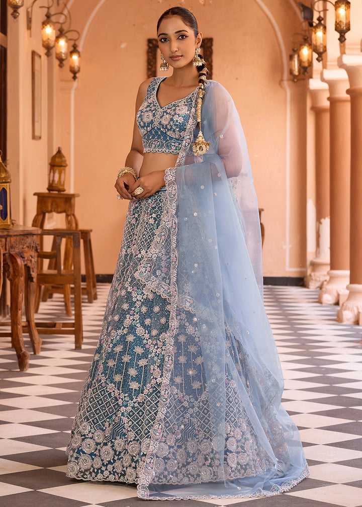 Teal Blue Embroidered Net Lehenga Choli with Sequins Work